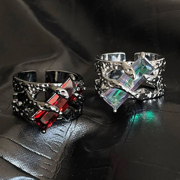 DAIIIBABYYY  -  Neo-Goth Red Crystal Stone Ring Dark Hollow Vintage Geometric Shape Couple Ring For Women Retro Party Jewelry Open Rings Gifts